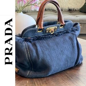 PRADA Lino Blue Woven Fringe Purse Canvas Frame Tote Bag Leather Handles